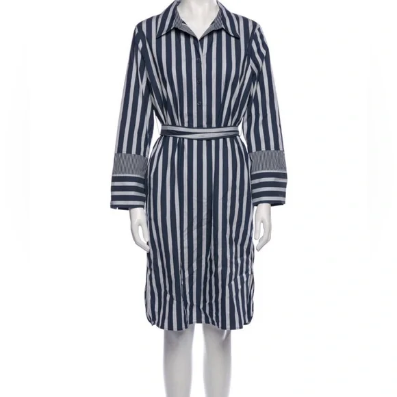 Lafayette 148 Fabiola Twilight Dungaree Blue Stripe Long Sleeve Belted Shirtdres - Picture 2 of 9